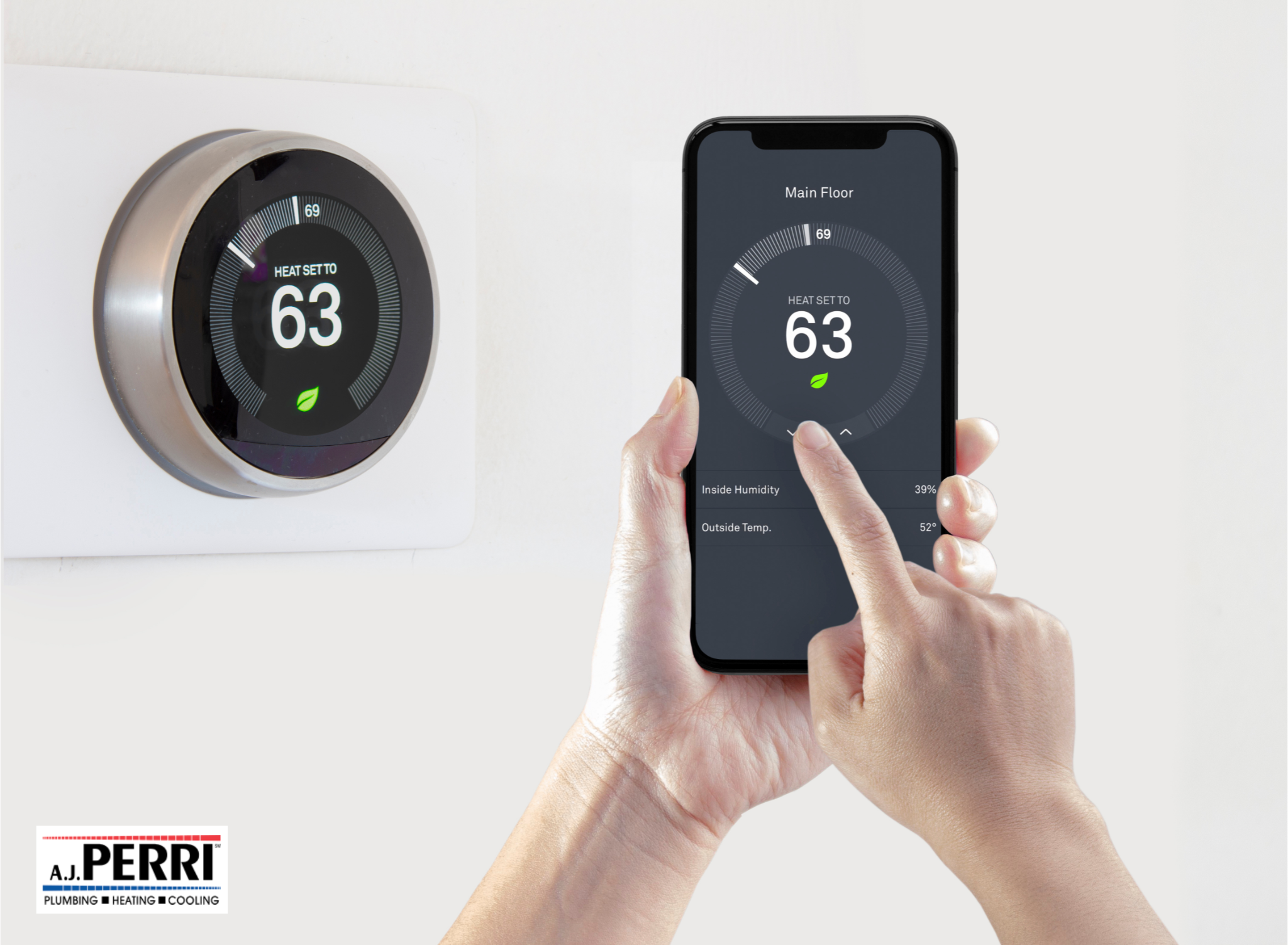Man holding phone connected to a smart thermostat setting the temperature to energy mode to save on his monthly bill.