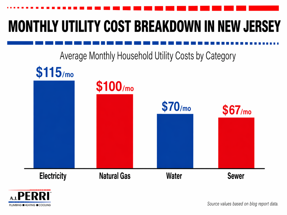 Monthly Utility Cost Breakdown in New Jersey. Electricity: $115 per month; Natural Gas: $100 per month; Water Bill: $70 per month; Sewer: $67 per month.