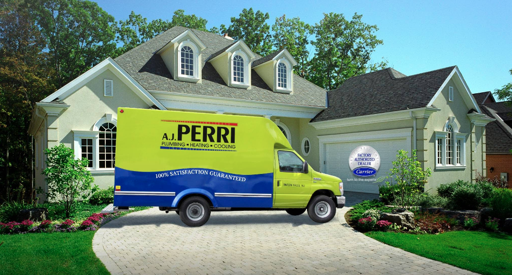 A.J. Perri Plumbing, Heating & Cooling service van parked in a New Jersey home’s driveway.