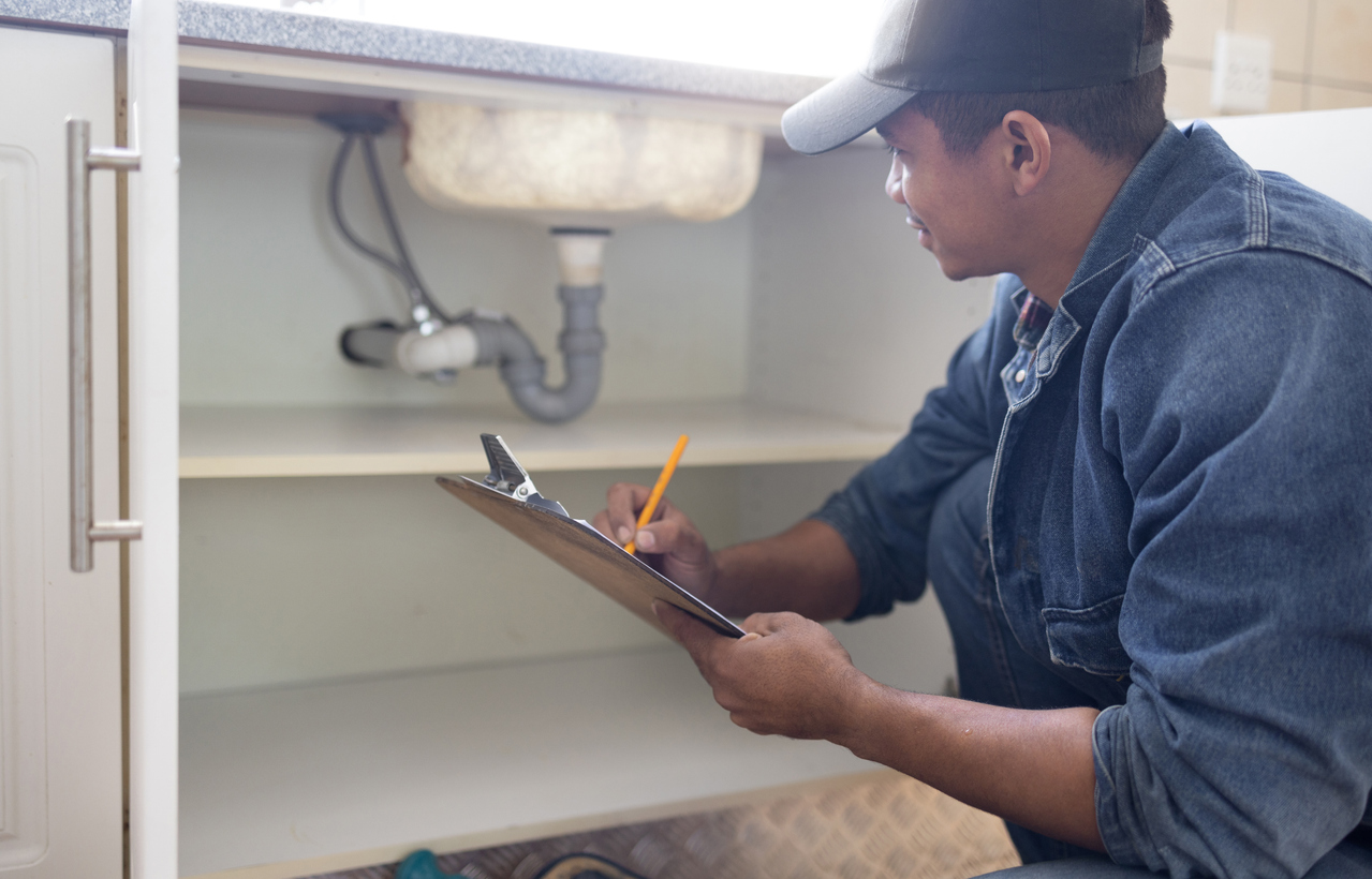 a technician examining a sink fixture